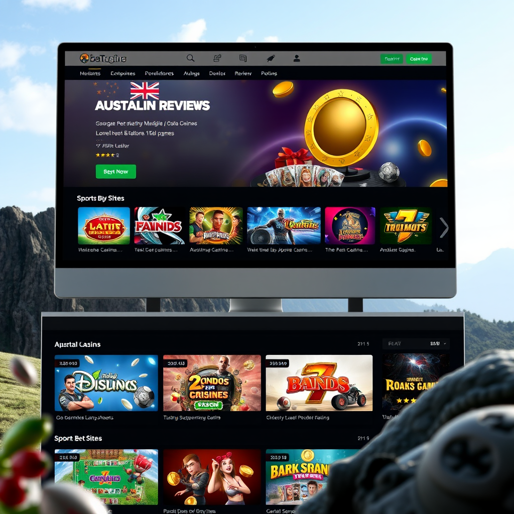 Modern gaming platform review interface showing Australian casino and sports betting sites with ratings and detailed analysis