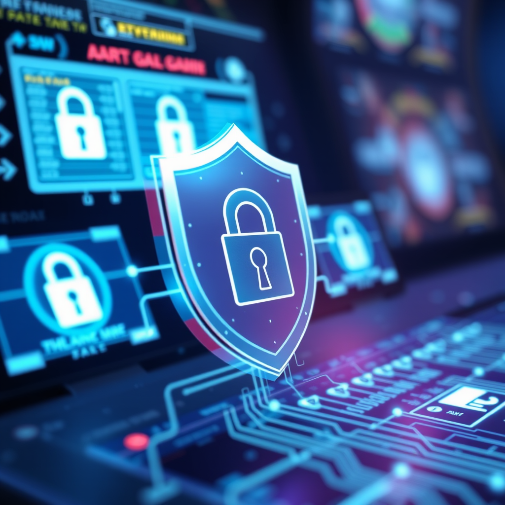 Digital security shield protecting gaming devices with lock icons and encrypted data streams, representing online gaming safety and personal information protection