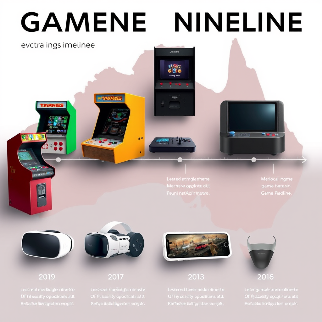 Timeline showing evolution of gaming technology in Australia from vintage arcade machines to modern VR headsets and mobile gaming devices