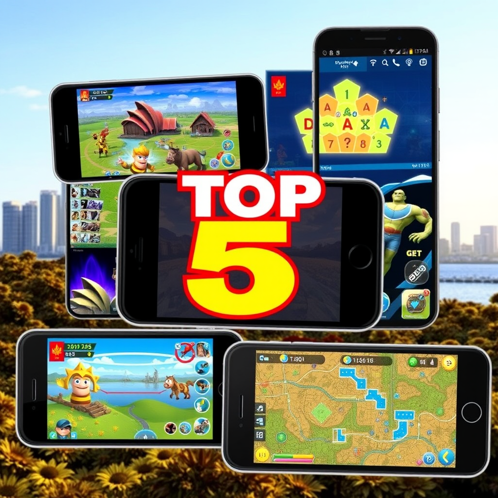 Collage of top 5 mobile gaming apps displayed on modern smartphones with Australian landmarks in background, featuring colorful game interfaces, strategy elements, and puzzle graphics