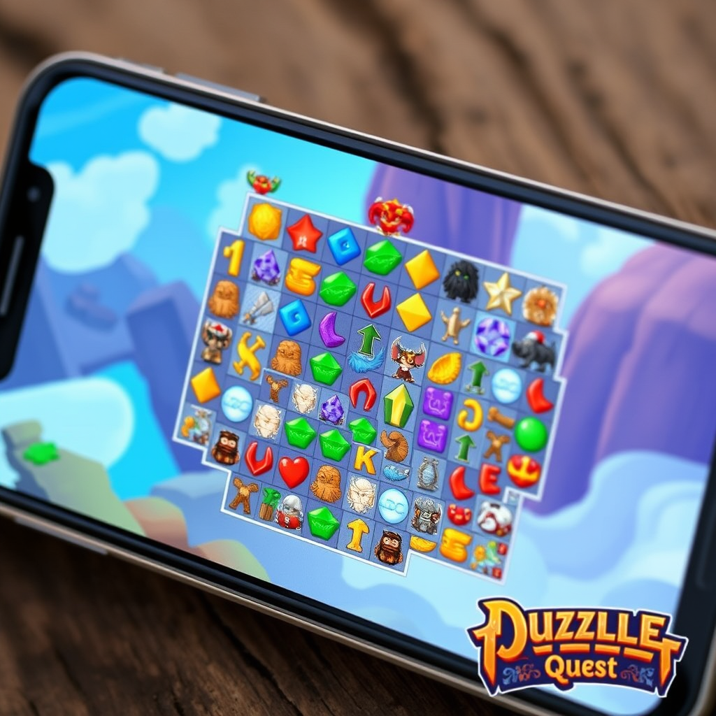 Screenshot of Puzzle Quest Adventures mobile game showing colorful match-three puzzle gameplay with fantasy characters and strategic elements on a smartphone screen