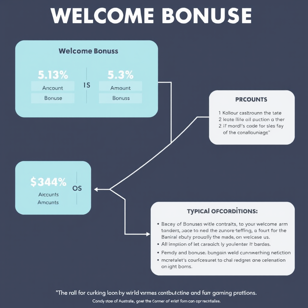 Infographic showing the structure of welcome bonuses on Australian gaming platforms, displaying percentage matches, maximum amounts, and typical terms and conditions