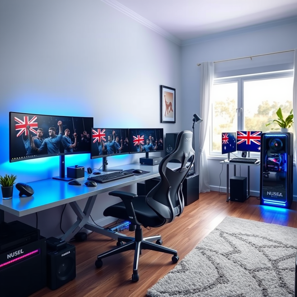 Modern gaming setup in Australian home featuring high-end gaming PC, multiple monitors, ergonomic chair, RGB lighting, and gaming peripherals with Australian flag elements
