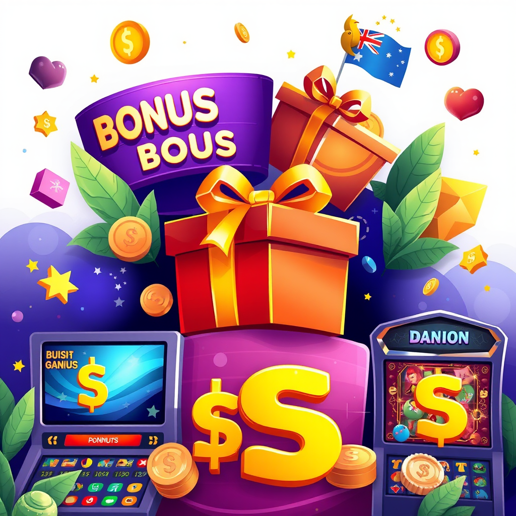 Colorful illustration of gaming bonuses, gift boxes, promotional banners, and Australian dollar symbols with bright gaming platform interfaces