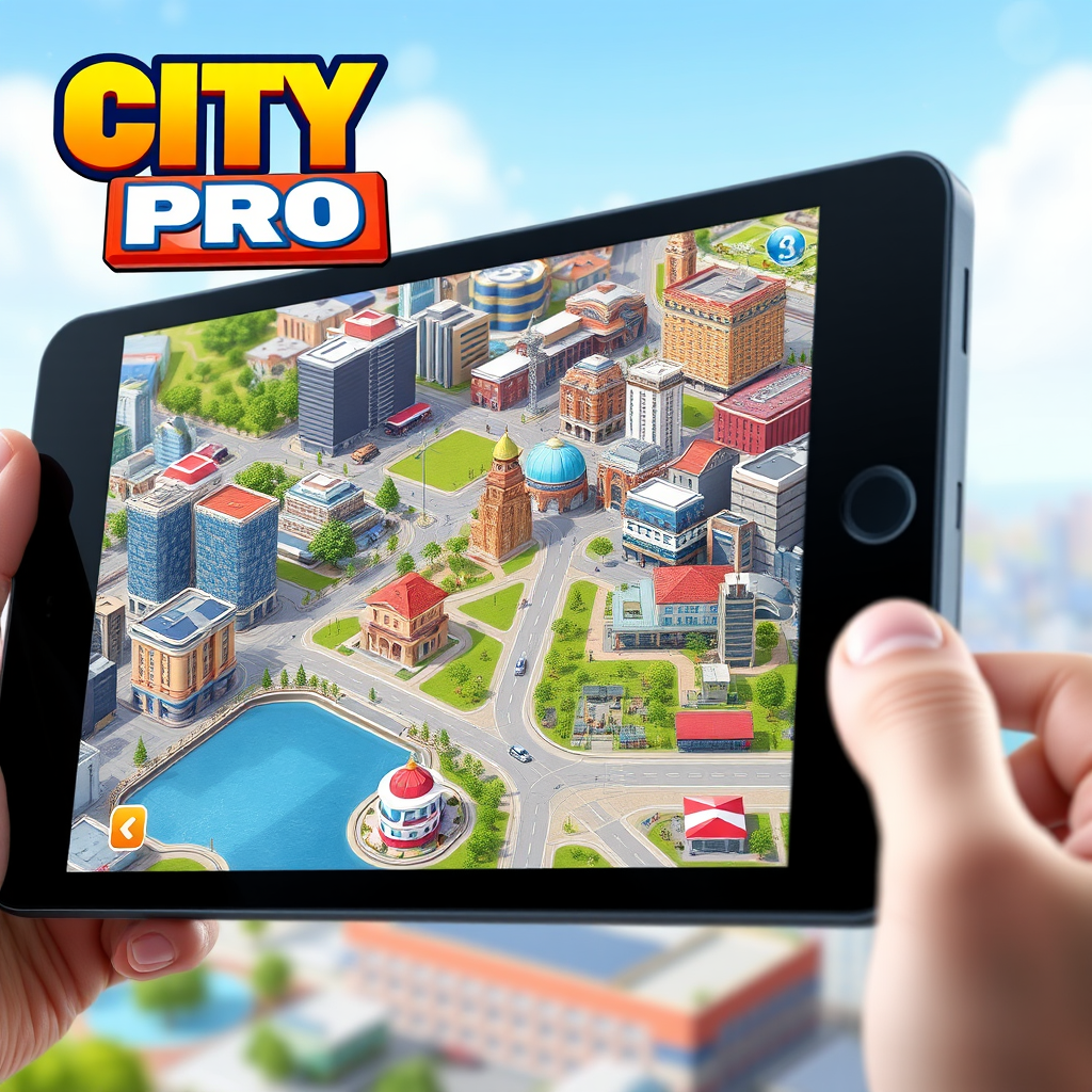 City Builder Pro mobile game interface showing a detailed 3D city simulation with Australian-inspired architecture, parks, and urban planning elements on a tablet screen