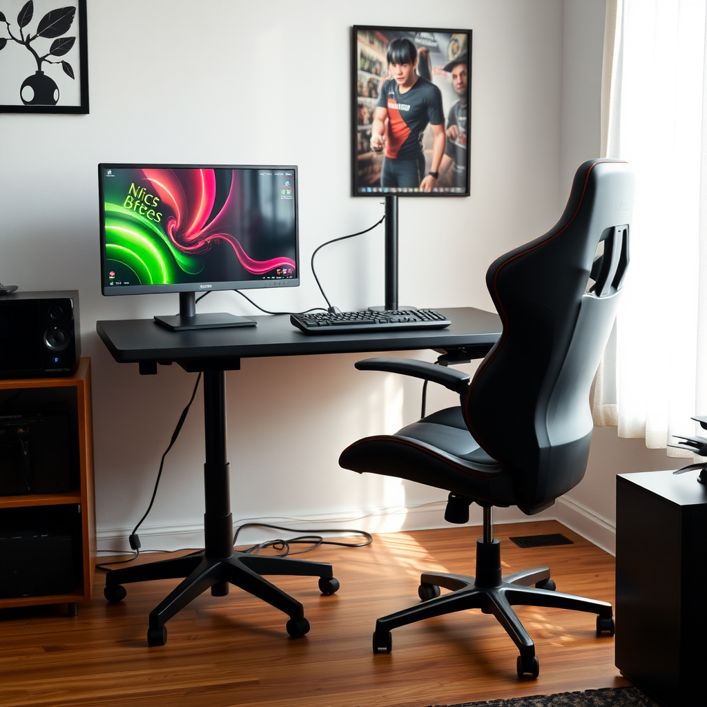 Ergonomic gaming setup showing proper monitor height, chair positioning, keyboard and mouse placement in a well-ventilated Australian room