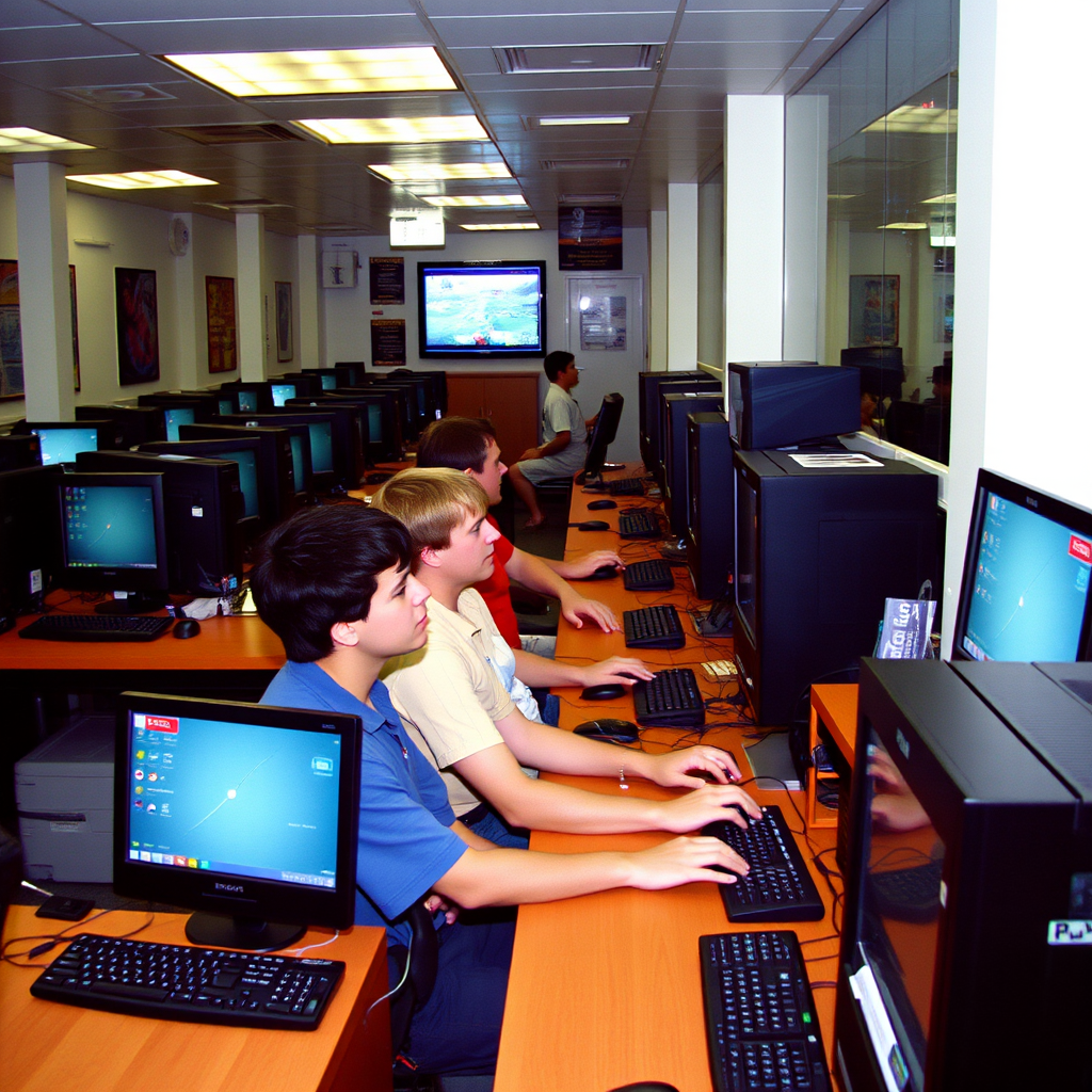 Interior of an Australian internet gaming cafe from the 2000s showing rows of desktop computers with gamers playing online games