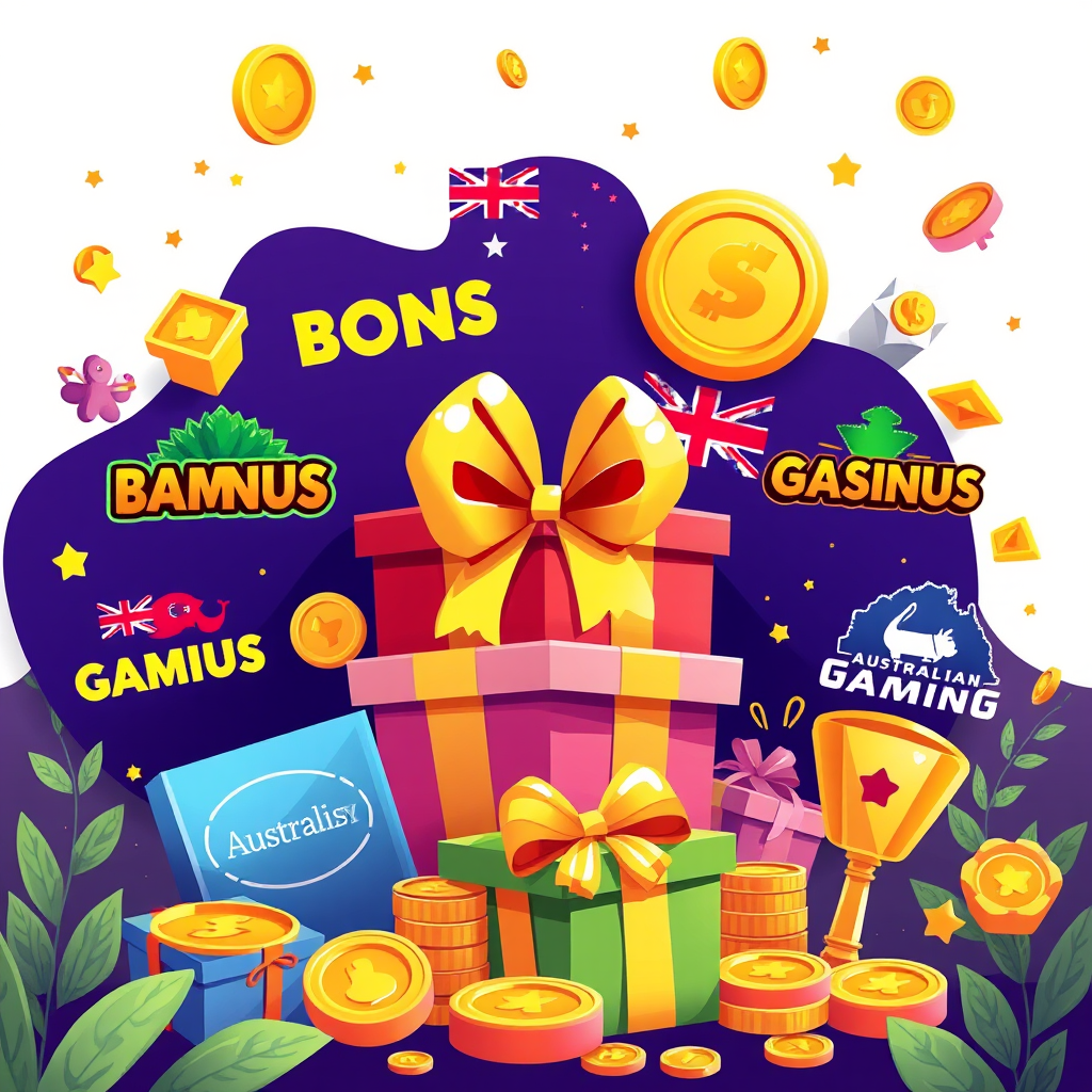 Vibrant illustration showing various gaming bonuses, promotional offers, gift boxes, coins, and reward symbols with Australian gaming platform logos and celebration elements