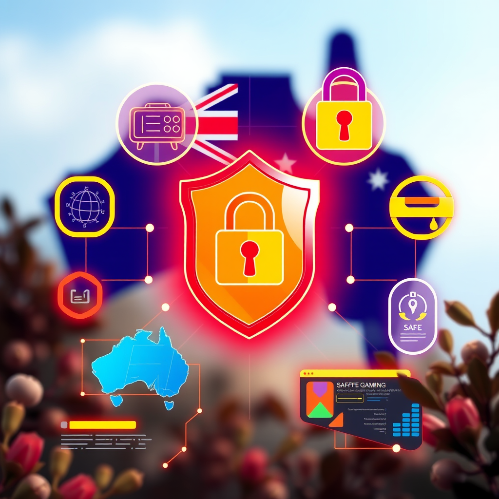 Security shield icons, padlock symbols, two-factor authentication interface, and safe gaming elements with Australian cybersecurity themes in bright colors