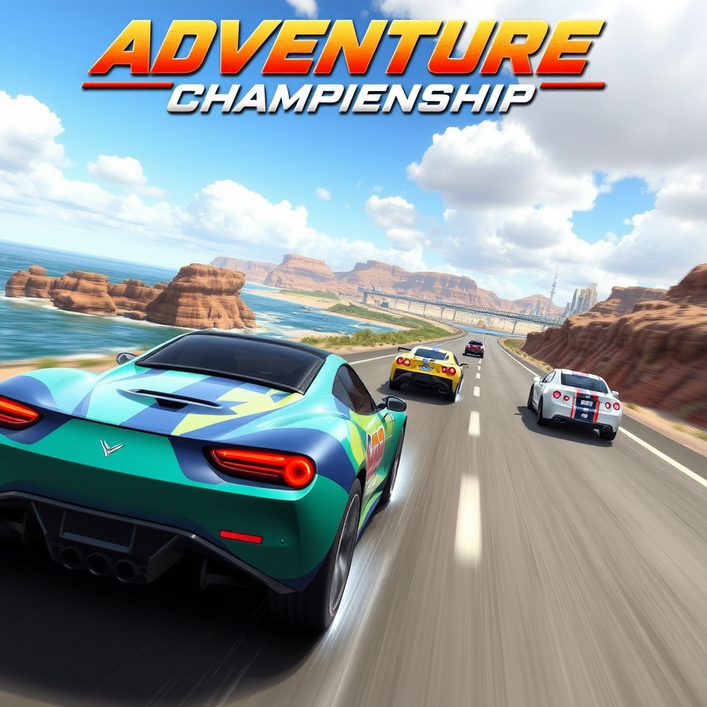 Adventure Racing Championship mobile game showing realistic 3D racing cars speeding through Australian-inspired landscapes including coastal roads, outback terrain, and city circuits