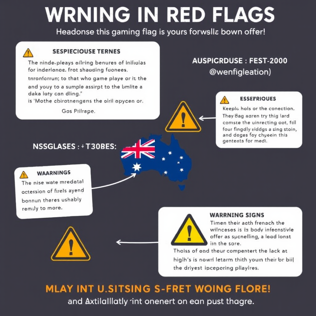 Warning illustration highlighting red flags in gaming bonus offers, showing examples of suspicious terms, unrealistic promises, and warning signs that Australian players should avoid