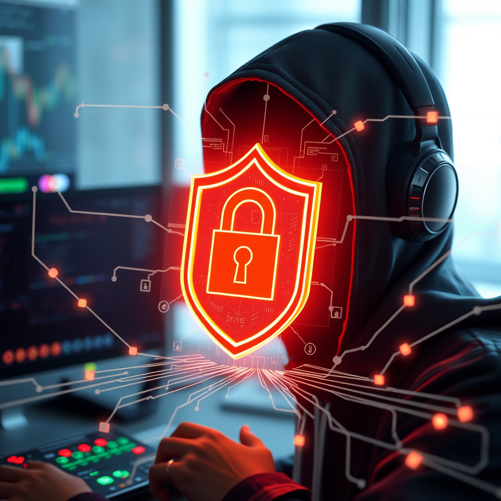 Digital privacy shield protecting personal data with encrypted information flowing around a secure gaming environment