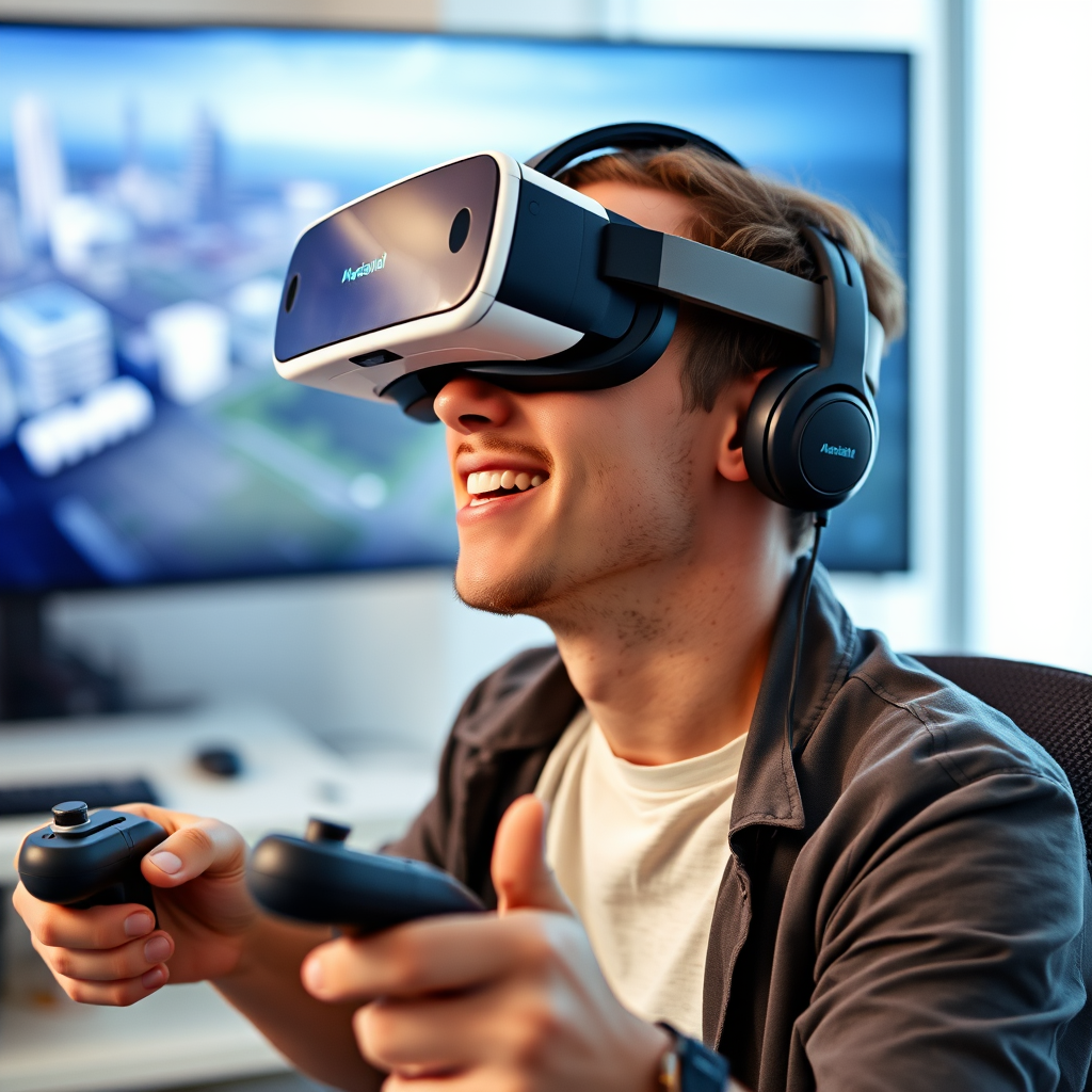 Australian gamer wearing VR headset in modern gaming setup with motion controllers and immersive virtual environment display