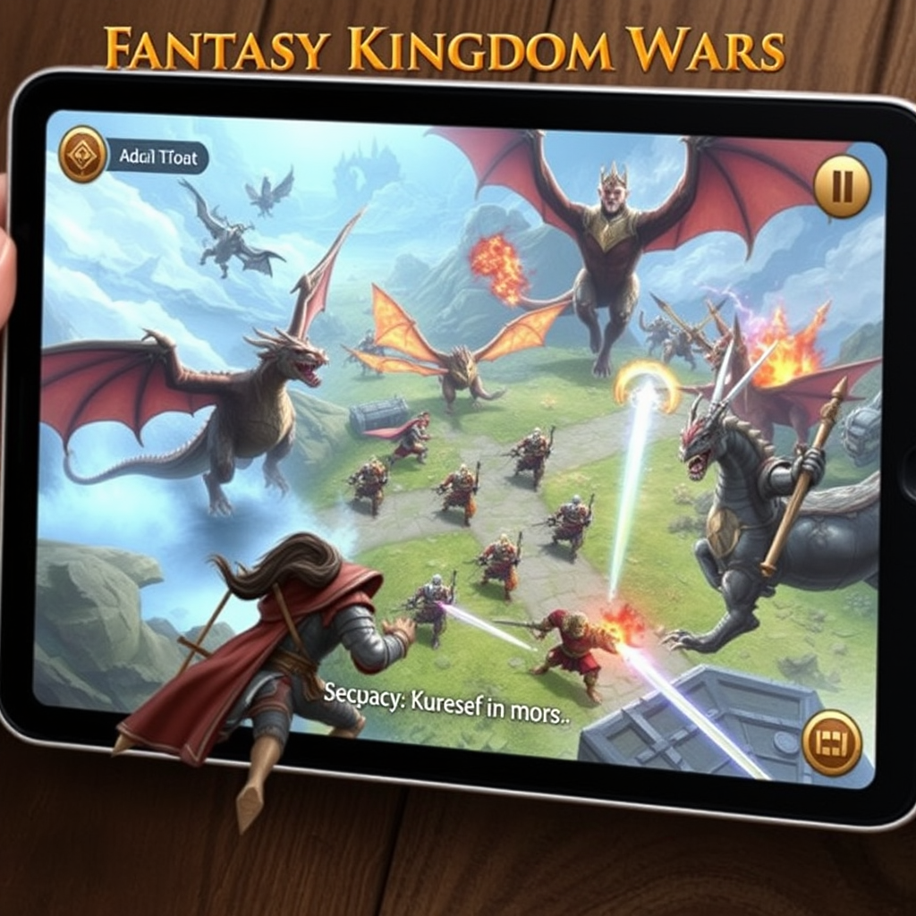 Fantasy Kingdom Wars mobile game showing epic fantasy battle scenes with dragons, knights, and magical creatures in strategic combat formations on a tablet display