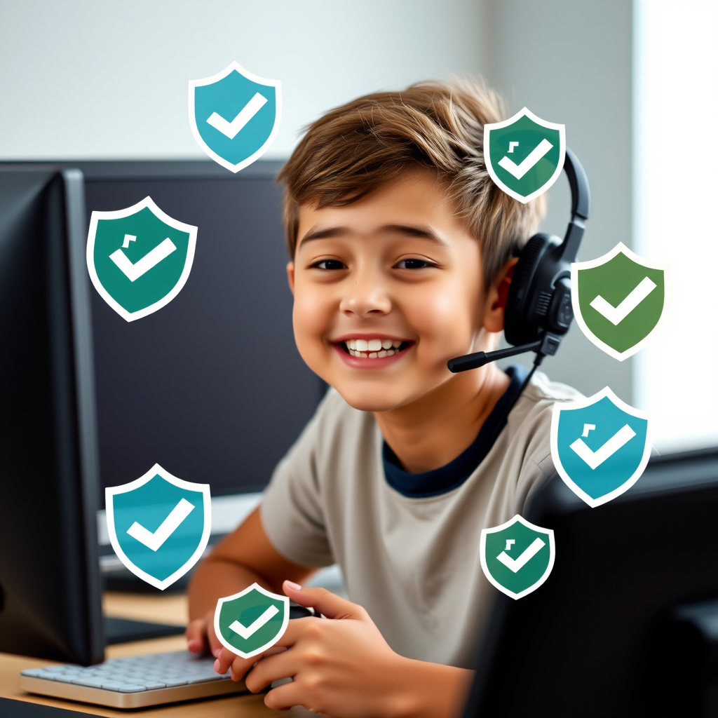 Happy gamer at computer with security shields and checkmarks surrounding the screen, representing successful implementation of safe gaming practices